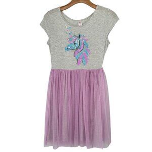 Justice Girls' Unicorn Sequin Dress Grey & Pink Short Sleeve Size 14 -16